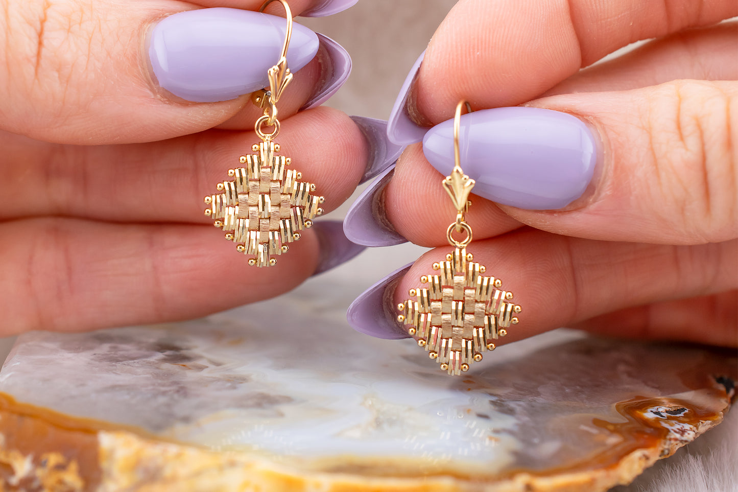 Vintage 14 Karat Yellow Gold Textured Woven Dangle Leverback Earrings