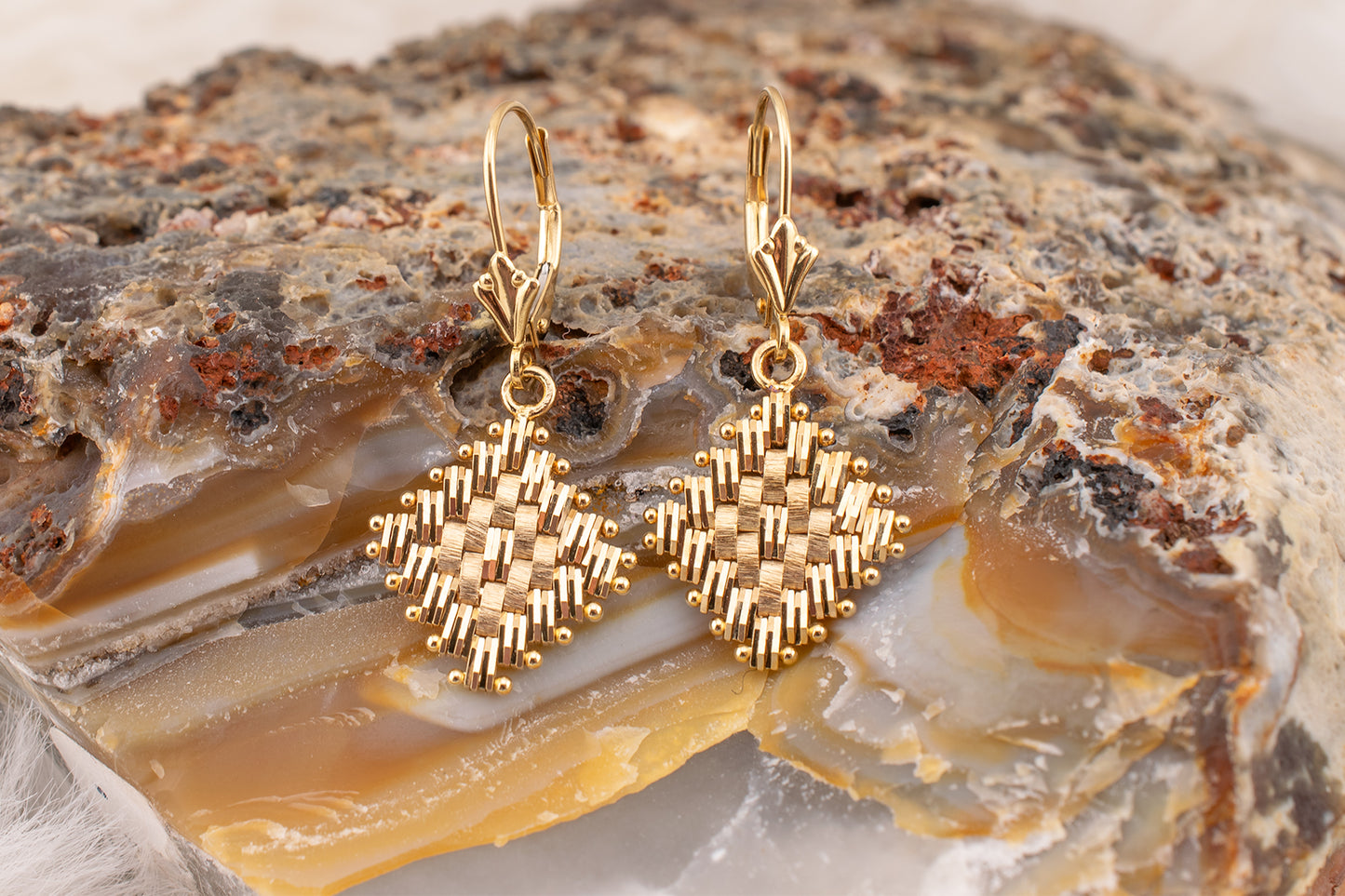 Vintage 14 Karat Yellow Gold Textured Woven Dangle Leverback Earrings