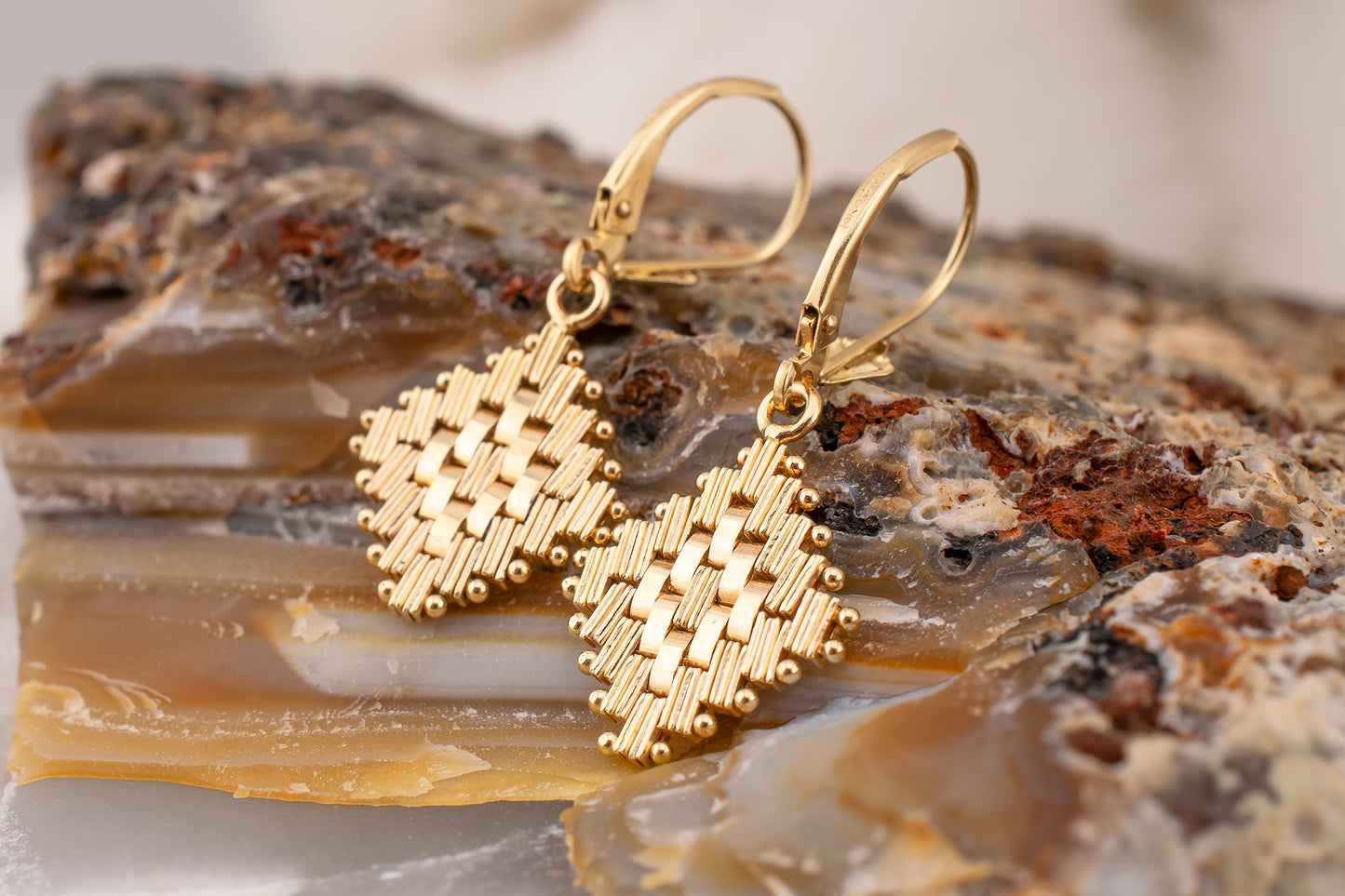 Vintage 14 Karat Yellow Gold Textured Woven Dangle Leverback Earrings