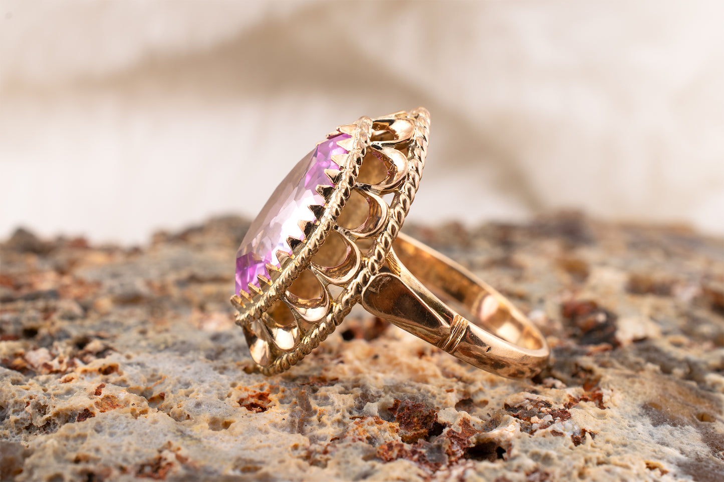 Circa 1950s-1960s Vintage 10 Karat Yellow Gold 3.73 Carat Marquise Shape Lab Grown Pink Sapphire Scalloped Cocktail Ring
