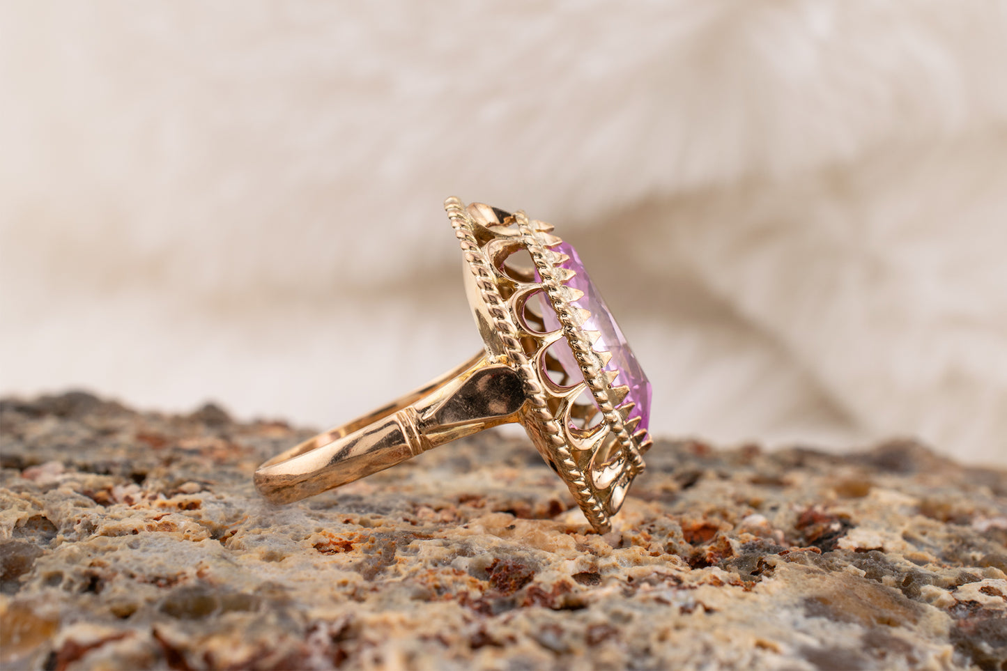 Circa 1950s-1960s Vintage 10 Karat Yellow Gold 3.73 Carat Marquise Shape Lab Grown Pink Sapphire Scalloped Cocktail Ring
