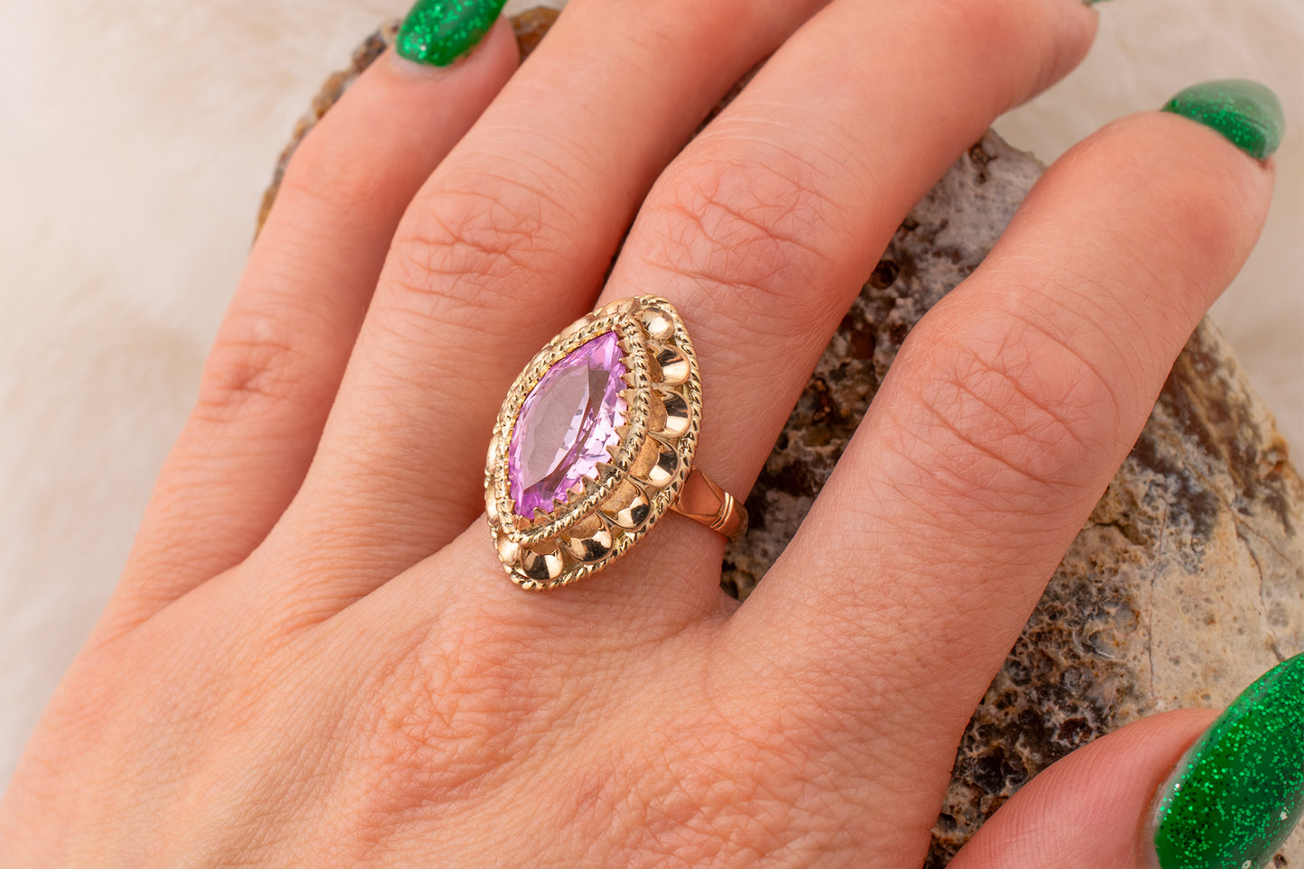 Circa 1950s-1960s Vintage 10 Karat Yellow Gold 3.73 Carat Marquise Shape Lab Grown Pink Sapphire Scalloped Cocktail Ring