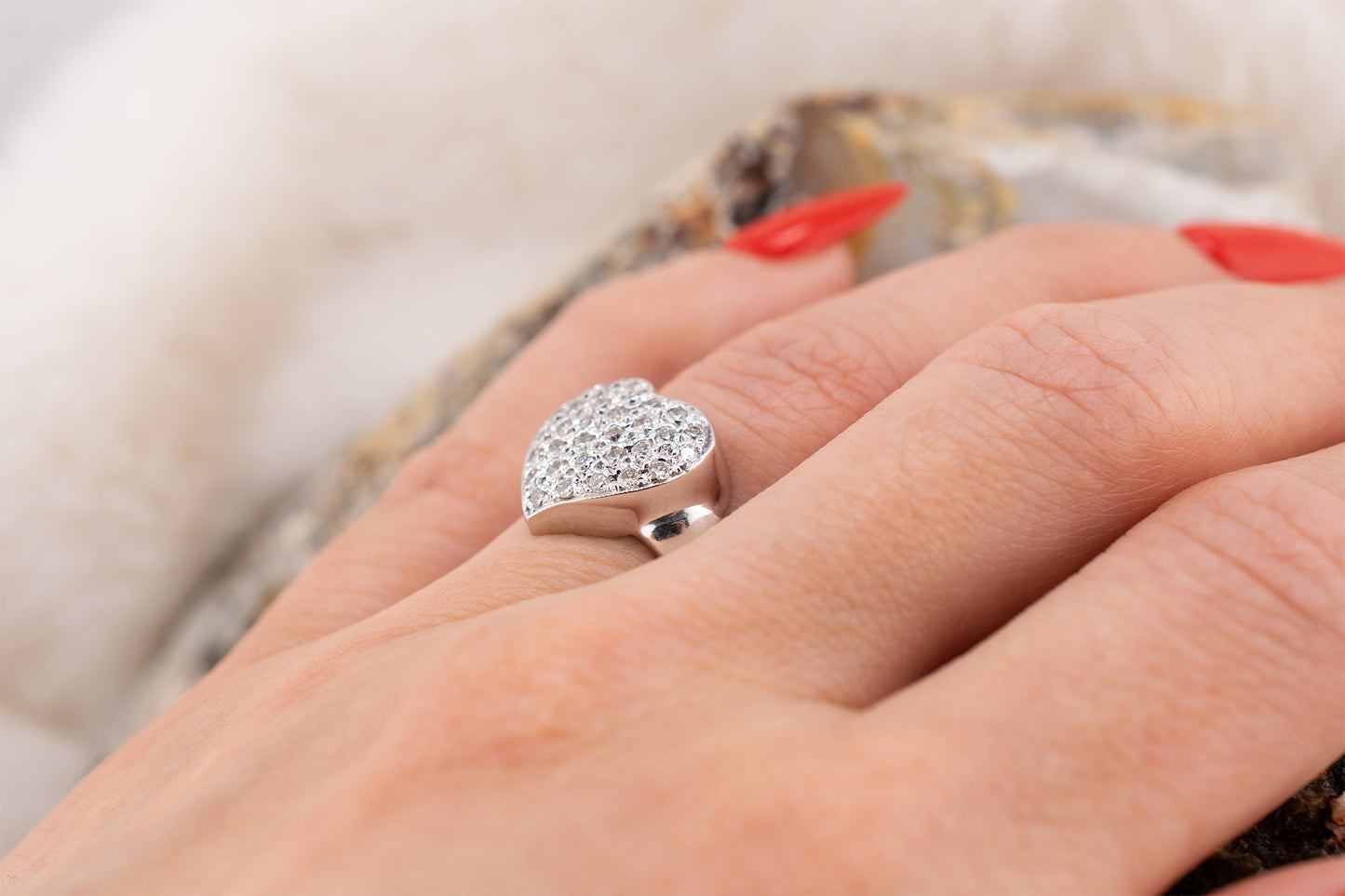 Sparkly Vintage 14 Karat White Gold Pave Set Round Brilliant Cut Diamond Heart Petite Ring 0.31 CTW.
