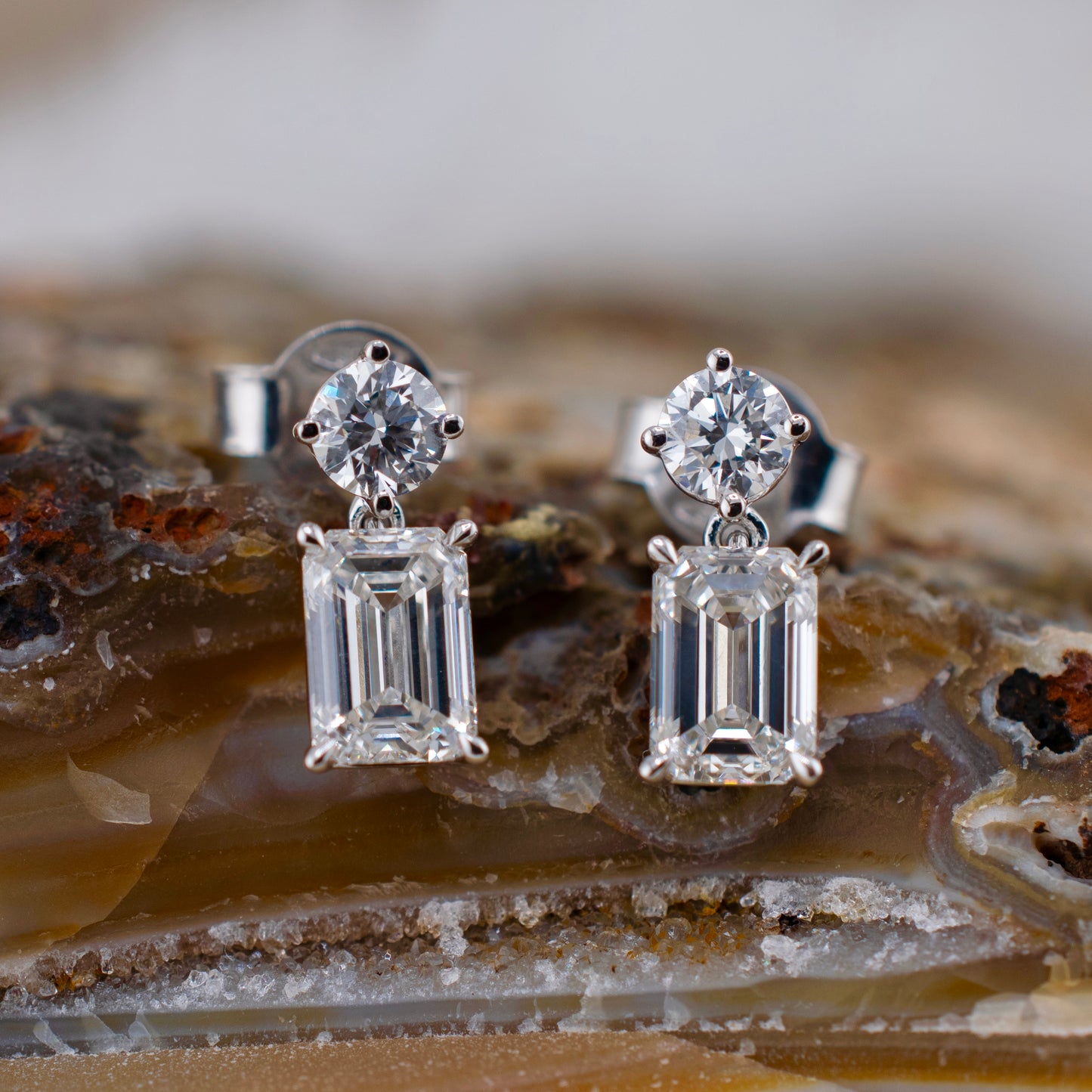 14 Karat White Gold 2.01 CTW Emerald Cut & Round Brilliant Lab Grown Diamond Dangle Earrings