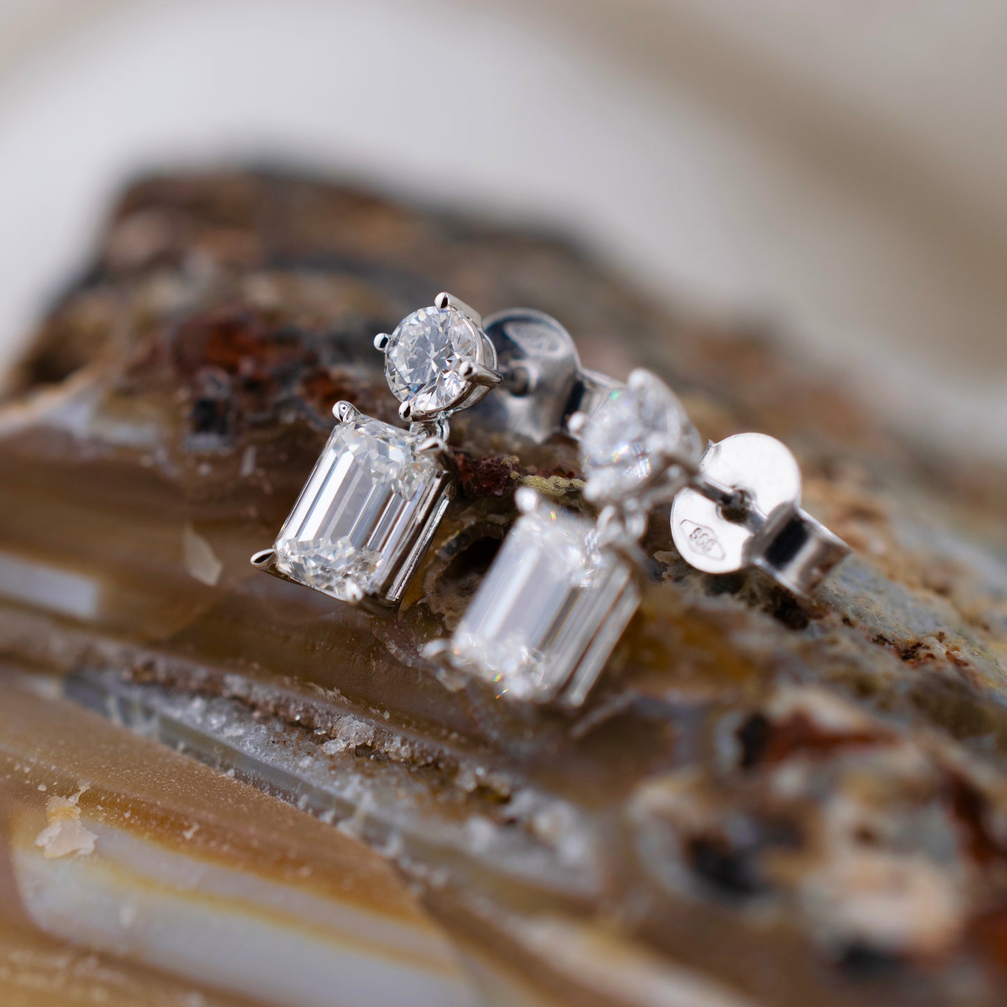 14 Karat White Gold 2.01 CTW Emerald Cut & Round Brilliant Lab Grown Diamond Dangle Earrings