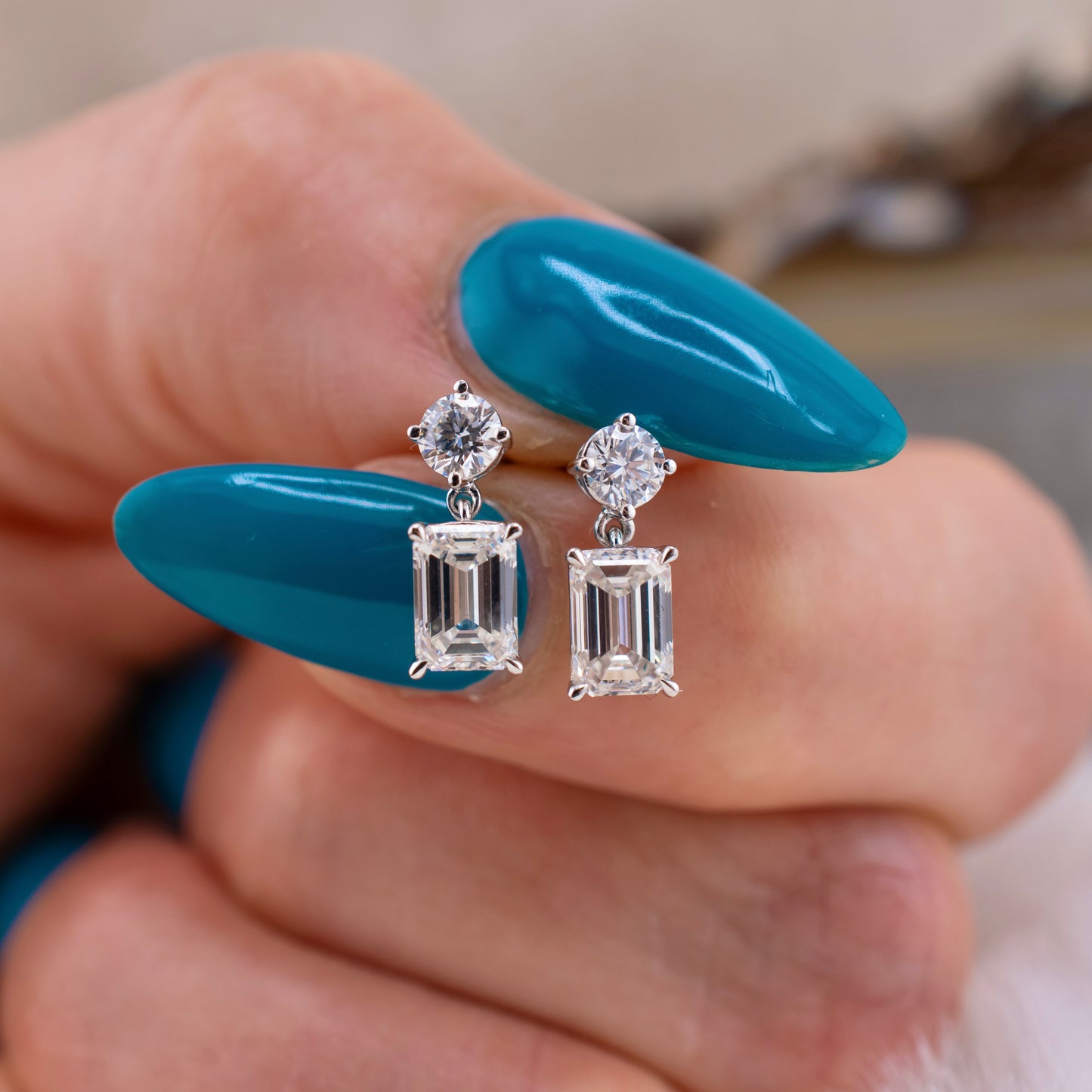 14 Karat White Gold 2.01 CTW Emerald Cut & Round Brilliant Lab Grown Diamond Dangle Earrings