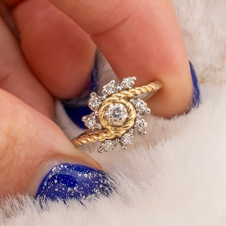 Vintage 14 Karat Two Tone White and Yellow Gold 0.12 Carat Diamond Swirl Design Ring With Rope Detail Size 5.75 Circa 1980s