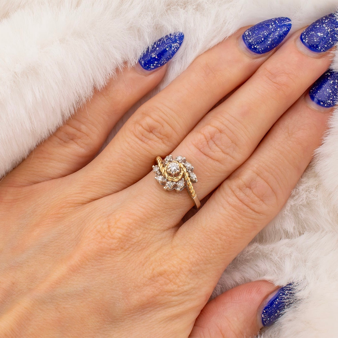 Vintage 14 Karat Two Tone White and Yellow Gold 0.12 Carat Diamond Swirl Design Ring With Rope Detail Size 5.75 Circa 1980s