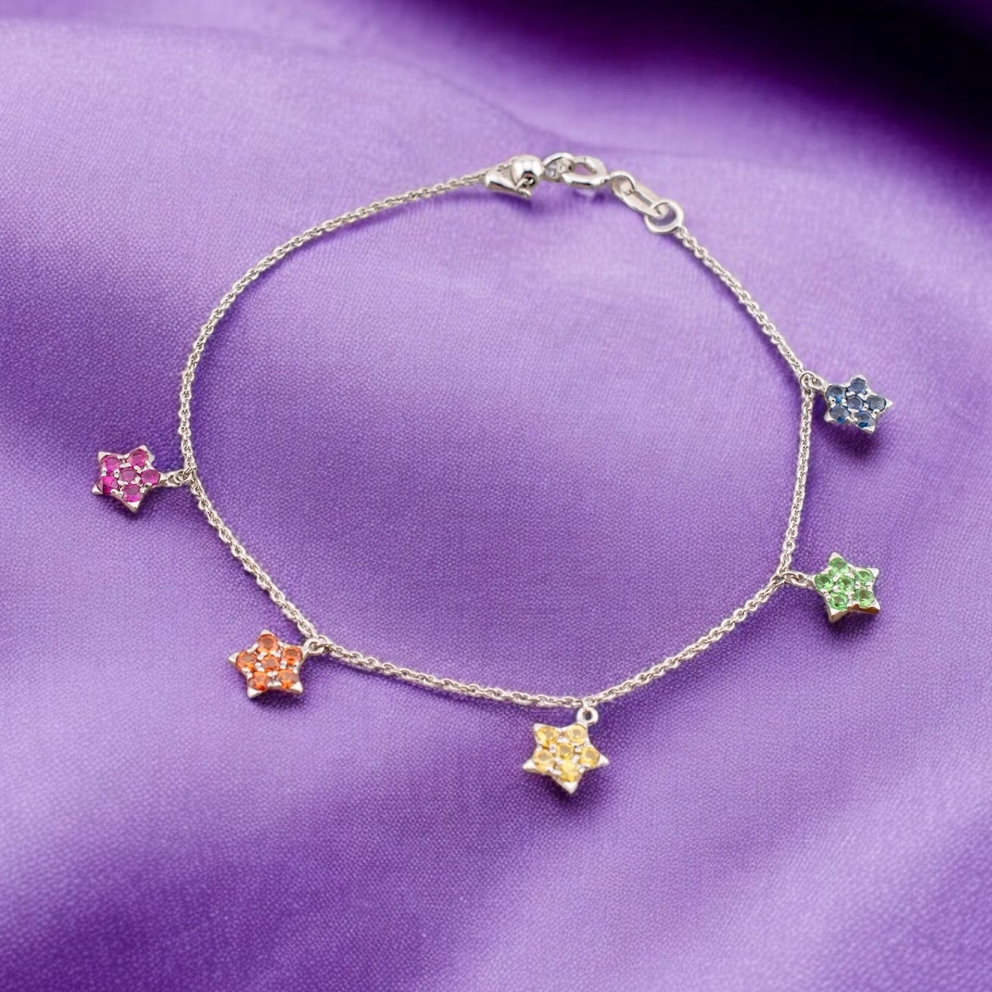 14 Karat White Gold Natural Multi Gemstone Blue Sapphire, Yellow Sapphire, Orange Sapphire, Ruby And Tsavorite Garnet Rainbow Star Bracelet