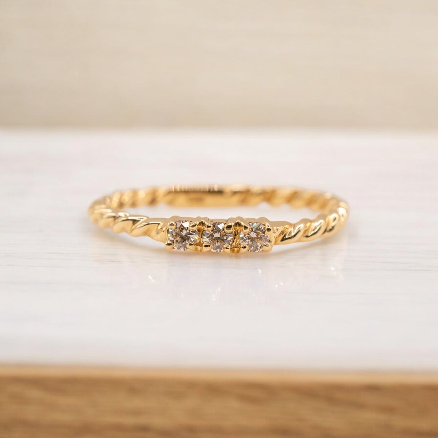 14k Yellow Gold Rope Design Three Stone Diamond Band