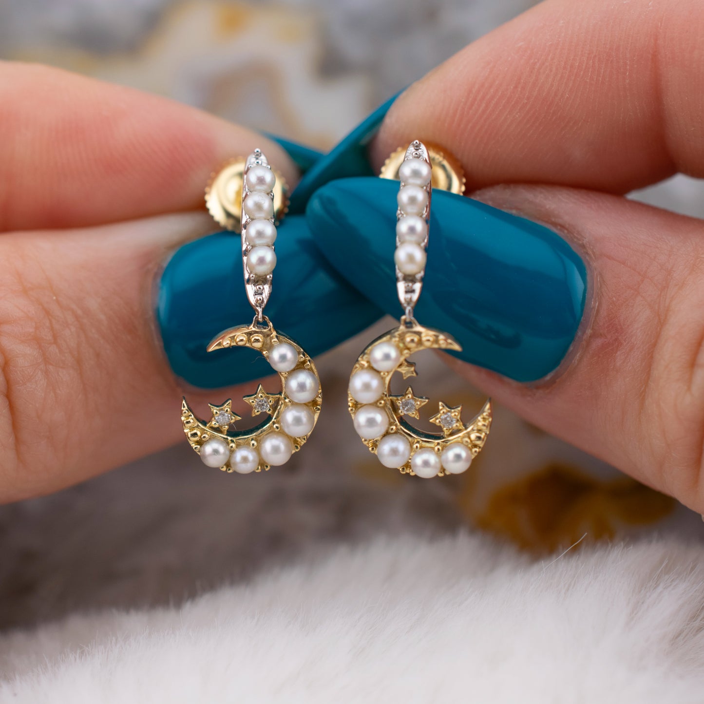 10 Karat Gold Pearl & Diamond Crescent Moon and Star Dangle Earrings