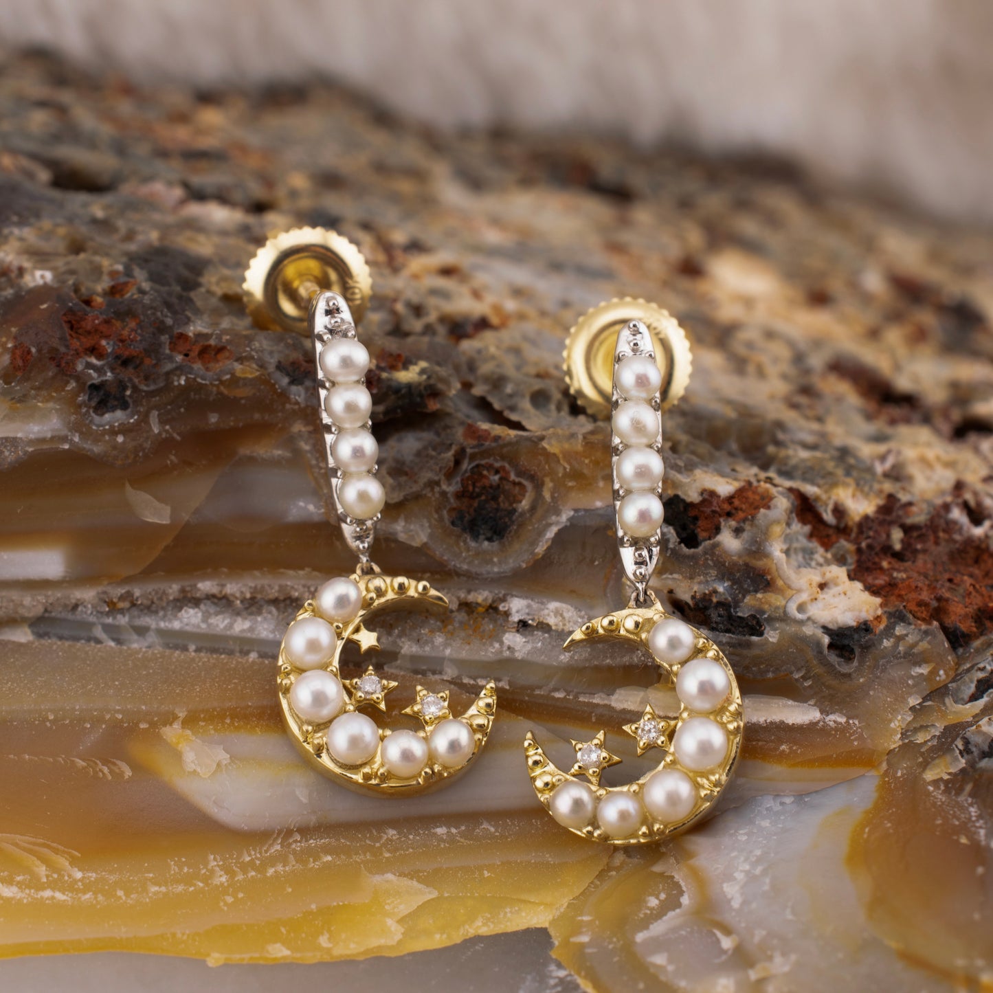 10 Karat Gold Pearl & Diamond Crescent Moon and Star Dangle Earrings