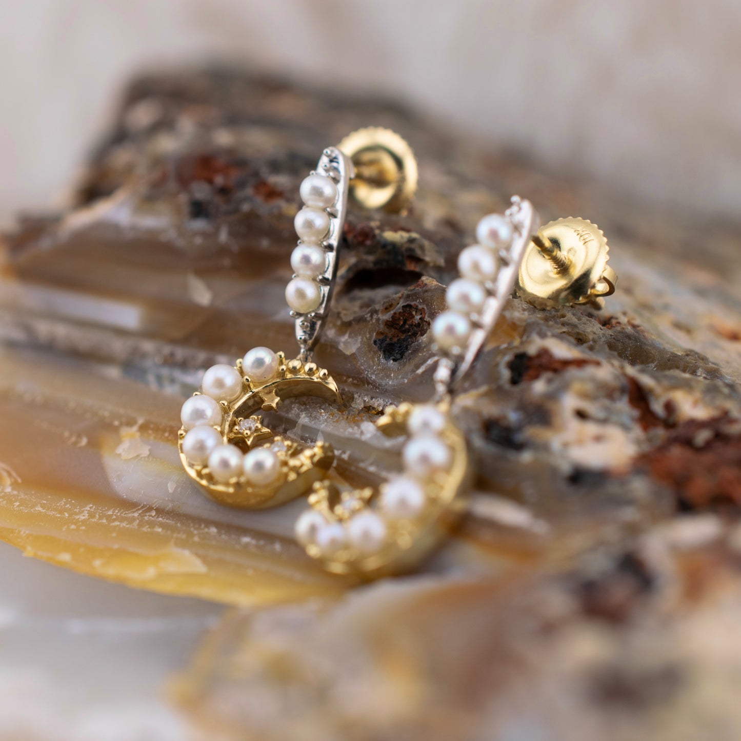 10 Karat Gold Pearl & Diamond Crescent Moon and Star Dangle Earrings