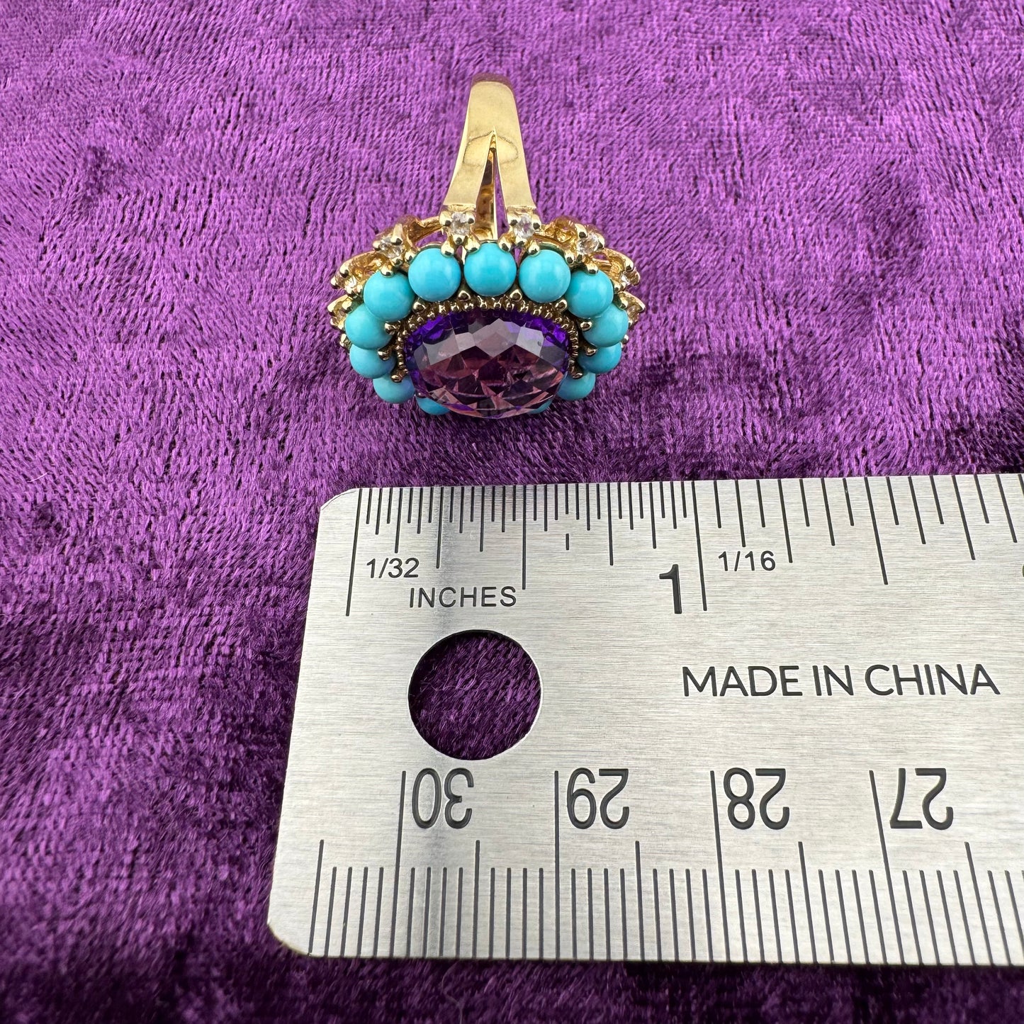 Estate 10K Yellow Gold 4.50 Carat Amethyst Turquoise Halo Cocktail Ring Size 7