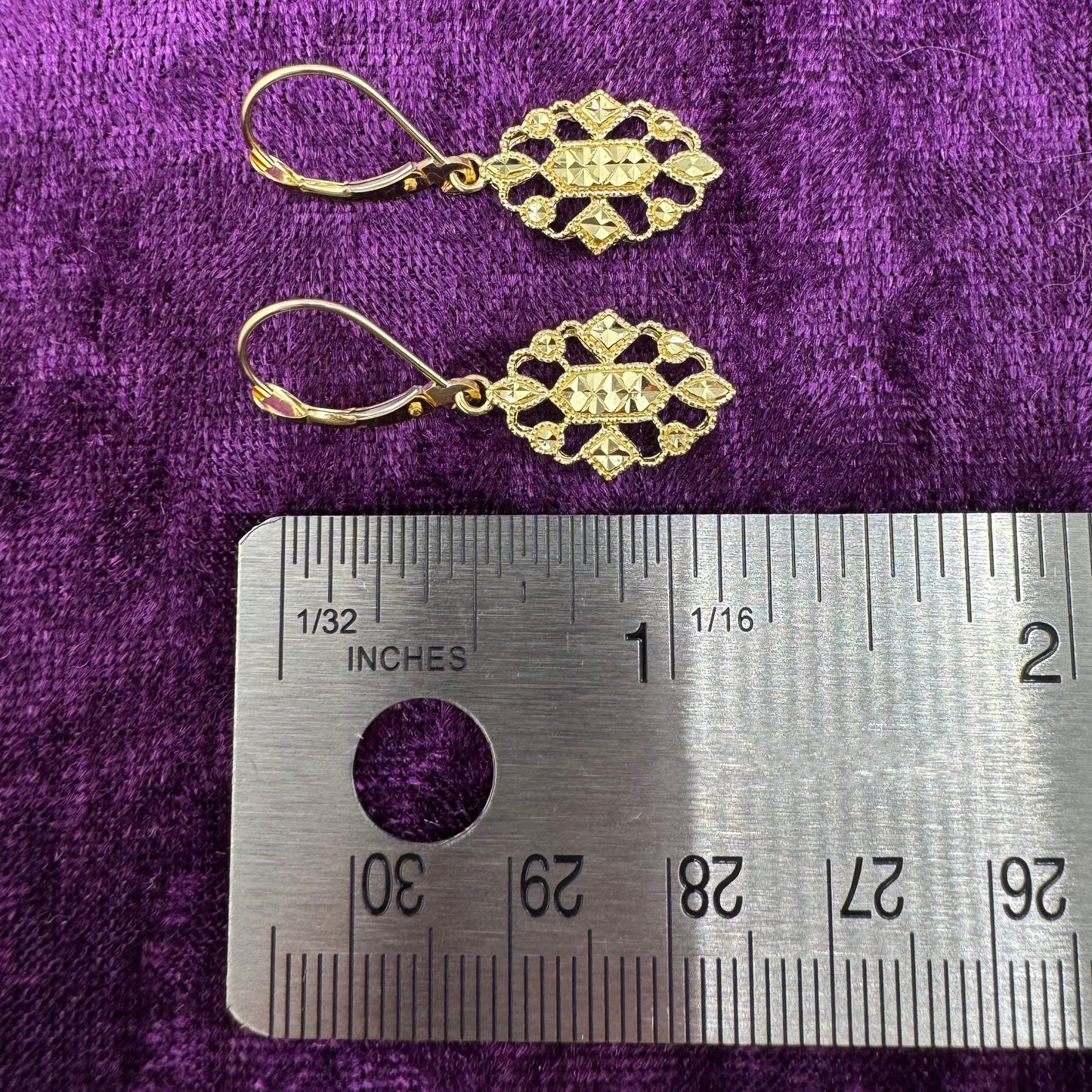 Vintage 14K Yellow Gold Art Deco Inspired Diamond Cut Dangle Earrings