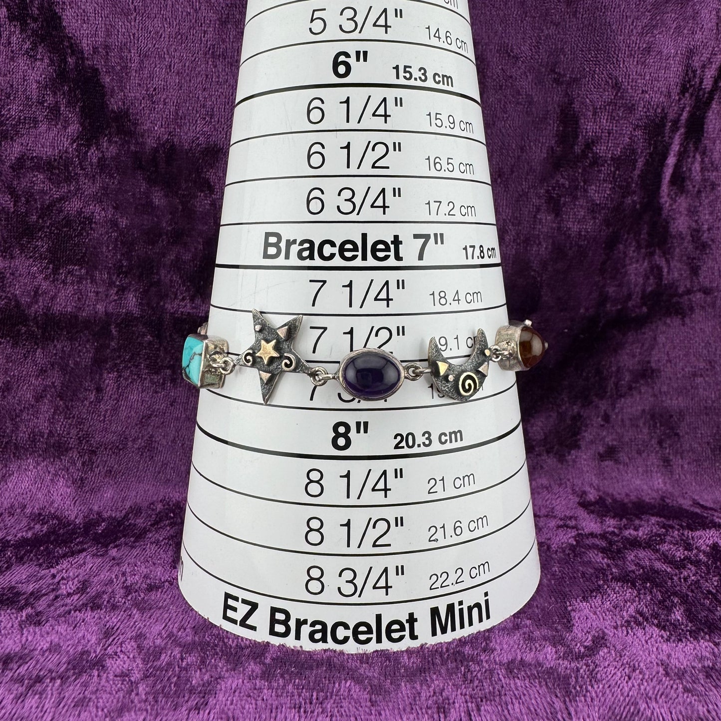 Vintage Whimsigoth Sterling Silver Celestial Bracelet Turquoise Amethyst Amber Moon Stars