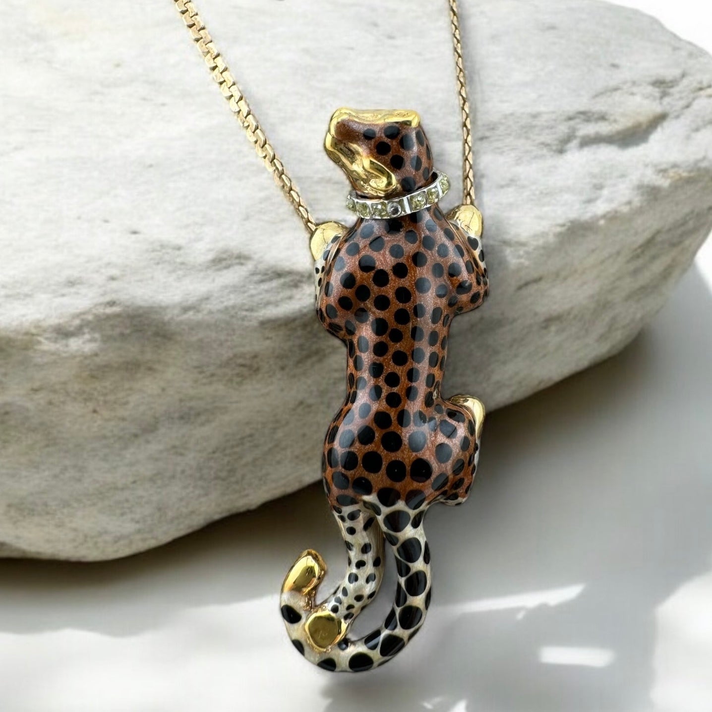 Vintage Estate 14 Karat Yellow Gold Enamel Prowling Cheetah with Diamond Collar Slide Pendant