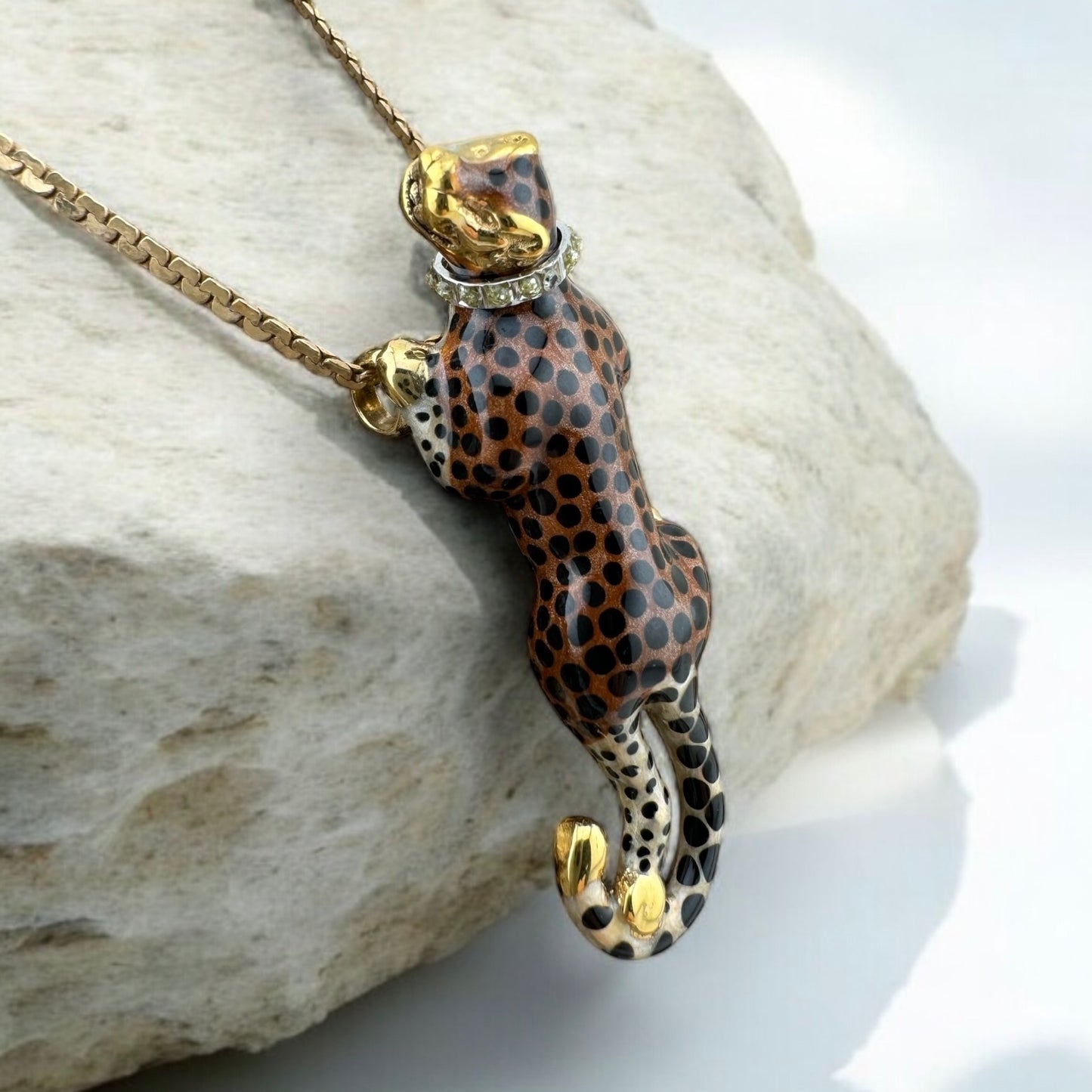 Vintage Estate 14 Karat Yellow Gold Enamel Prowling Cheetah with Diamond Collar Slide Pendant