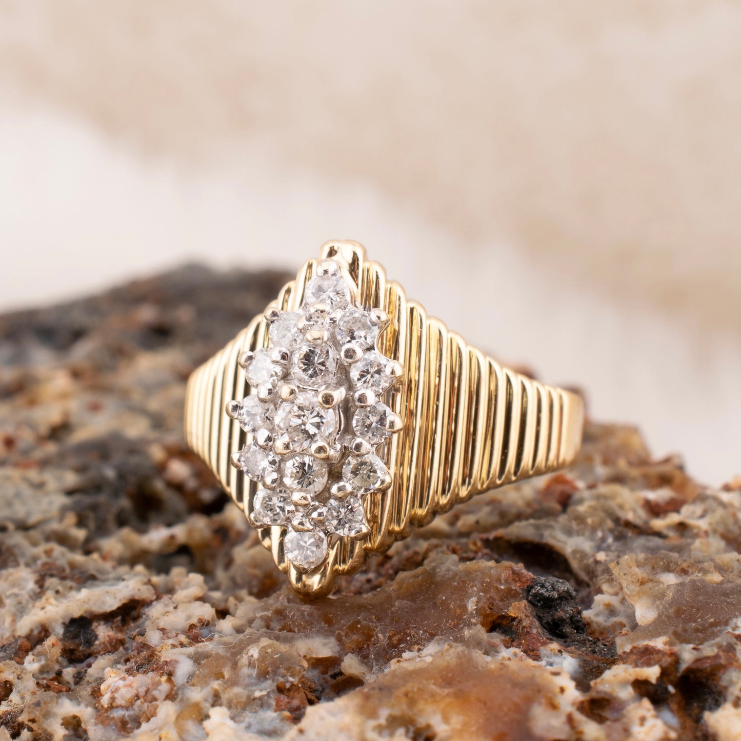 Circa 1980s Vintage 14 Karat Yellow Gold Round Brilliant Cut Diamond Ring 0.46 ctw. Size 6.25