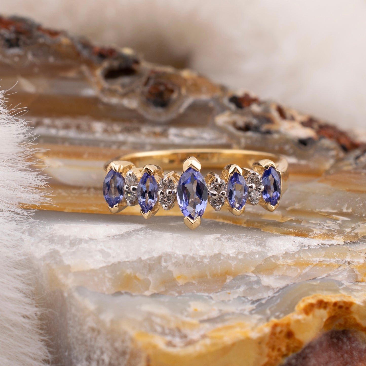 Petite Vintage 14 Karat Yellow Gold 0.50ctw. Marquise Shape Tanzanite & Diamond Ring Size 7.25