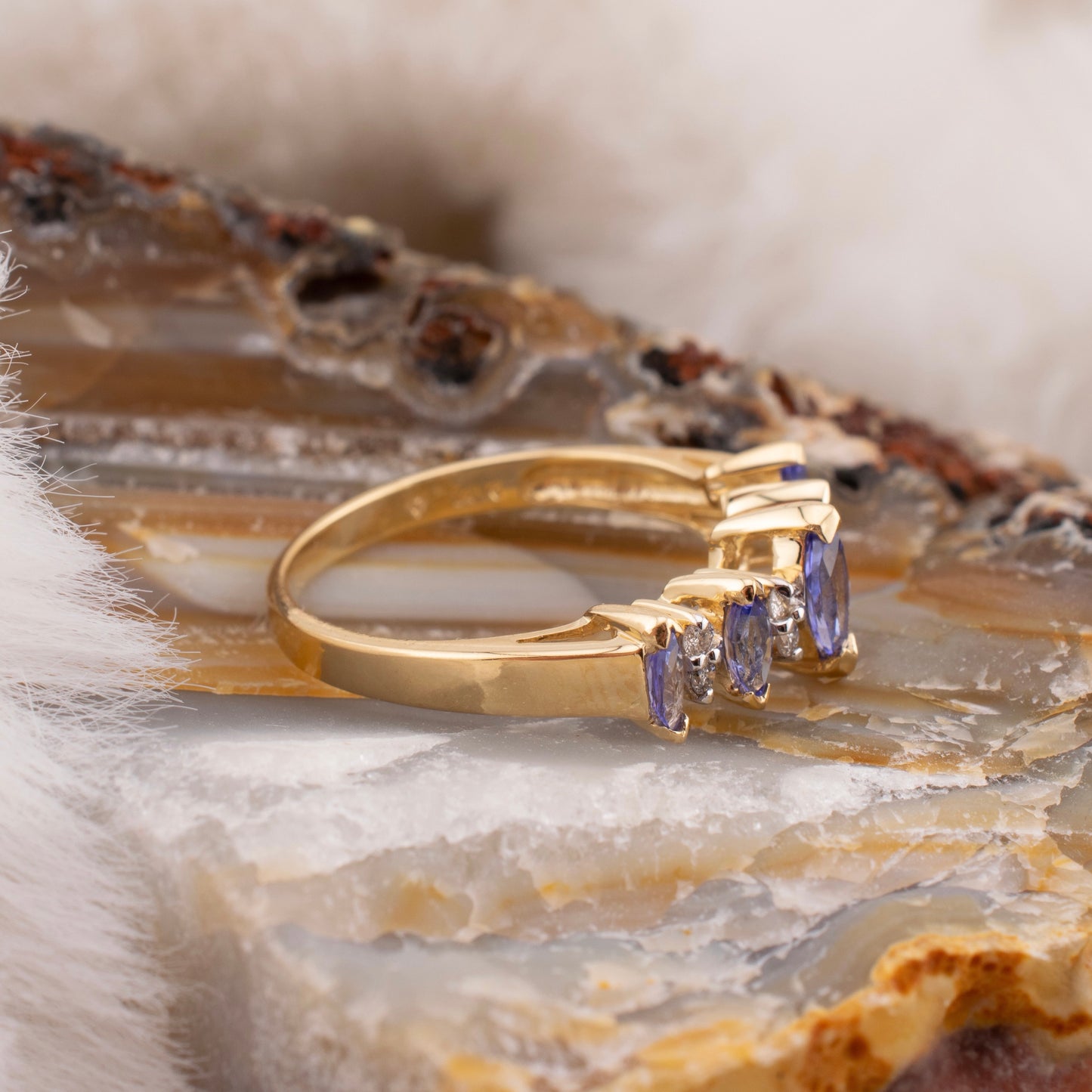 Petite Vintage 14 Karat Yellow Gold 0.50ctw. Marquise Shape Tanzanite & Diamond Ring Size 7.25