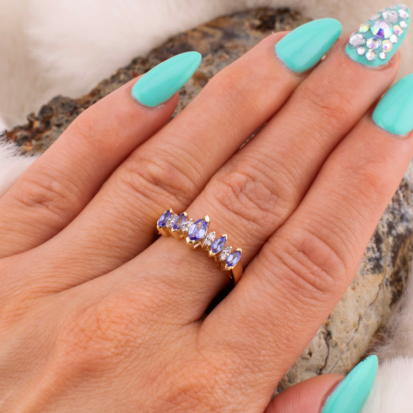 Petite Vintage 14 Karat Yellow Gold 0.50ctw. Marquise Shape Tanzanite & Diamond Ring Size 7.25