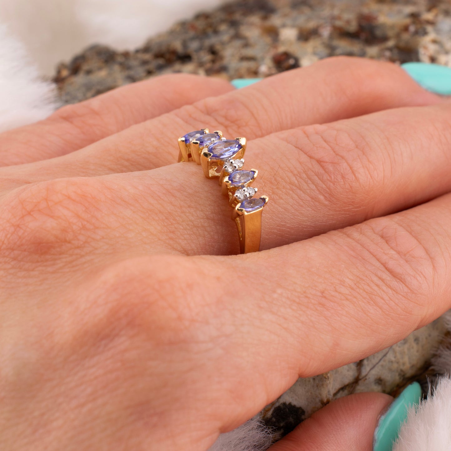 Petite Vintage 14 Karat Yellow Gold 0.50ctw. Marquise Shape Tanzanite & Diamond Ring Size 7.25