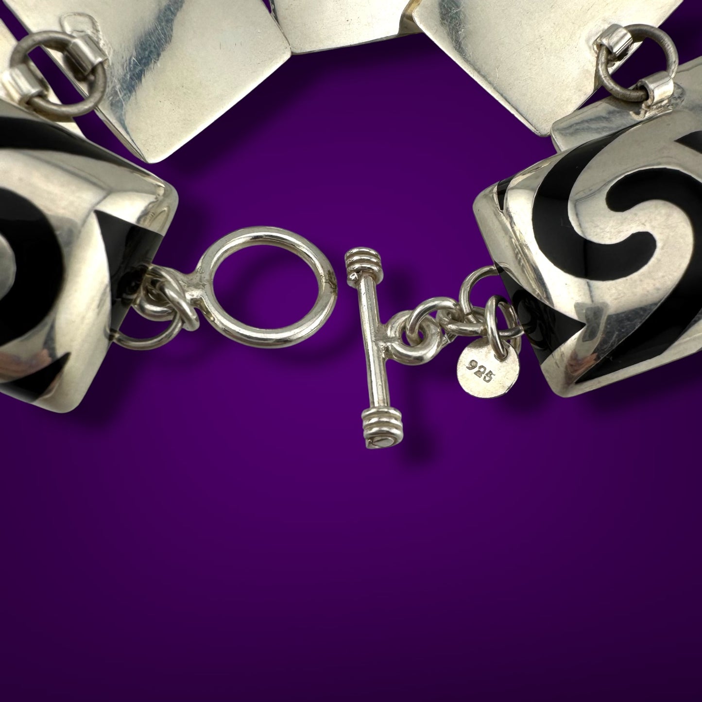 Vintage Sterling Silver Black Enamel Swirl Bracelet - Modernist Jewelry