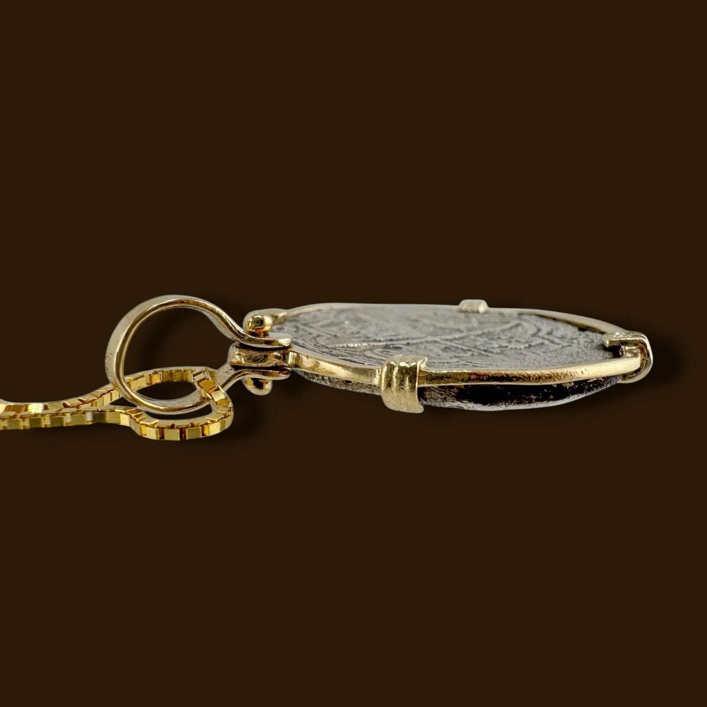 Vintage Spanish Reales Coin Pendant 14K Gold Bezel Necklace Antique Silver