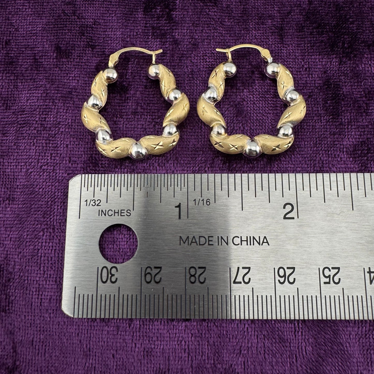 Vintage 14K Two-Tone Gold Cloud Hoop Earrings Puffy Twisted Hoop Earrings