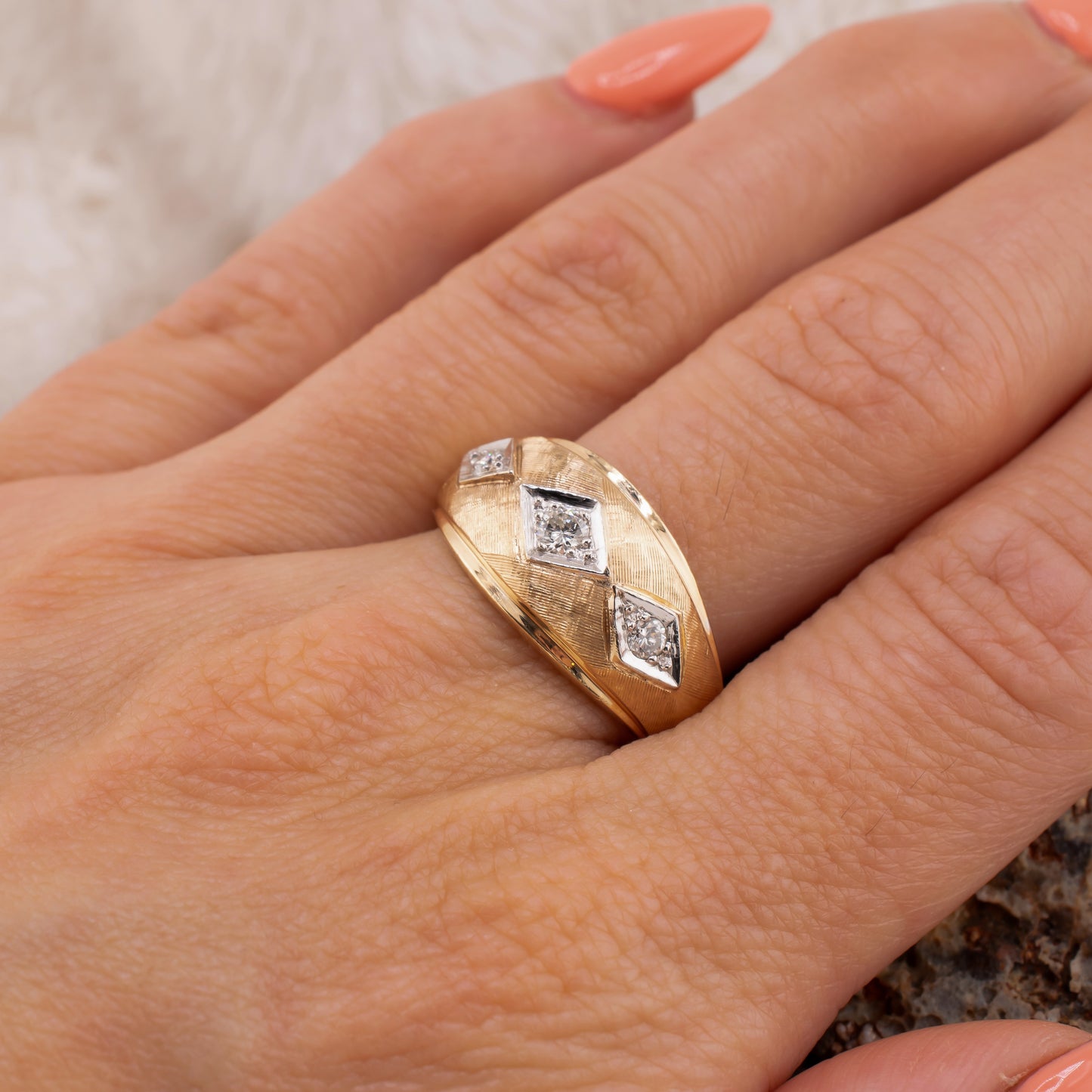 Unisex Retro Wide Band 1960s Vintage 14K Yellow Gold 0.20ctw. Diamond Ring Size 7.75