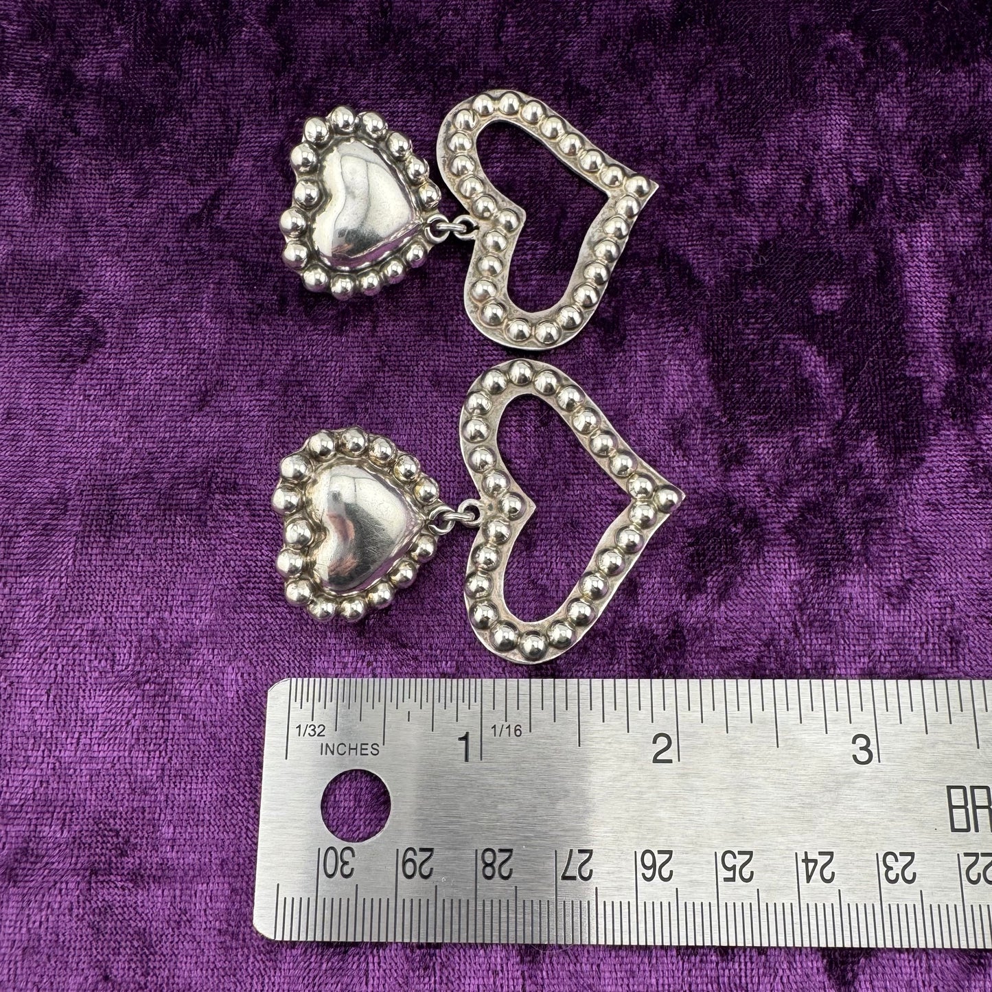Vintage Sterling Silver Heart Earrings, Handmade Mexican Dangle Statement Earrings