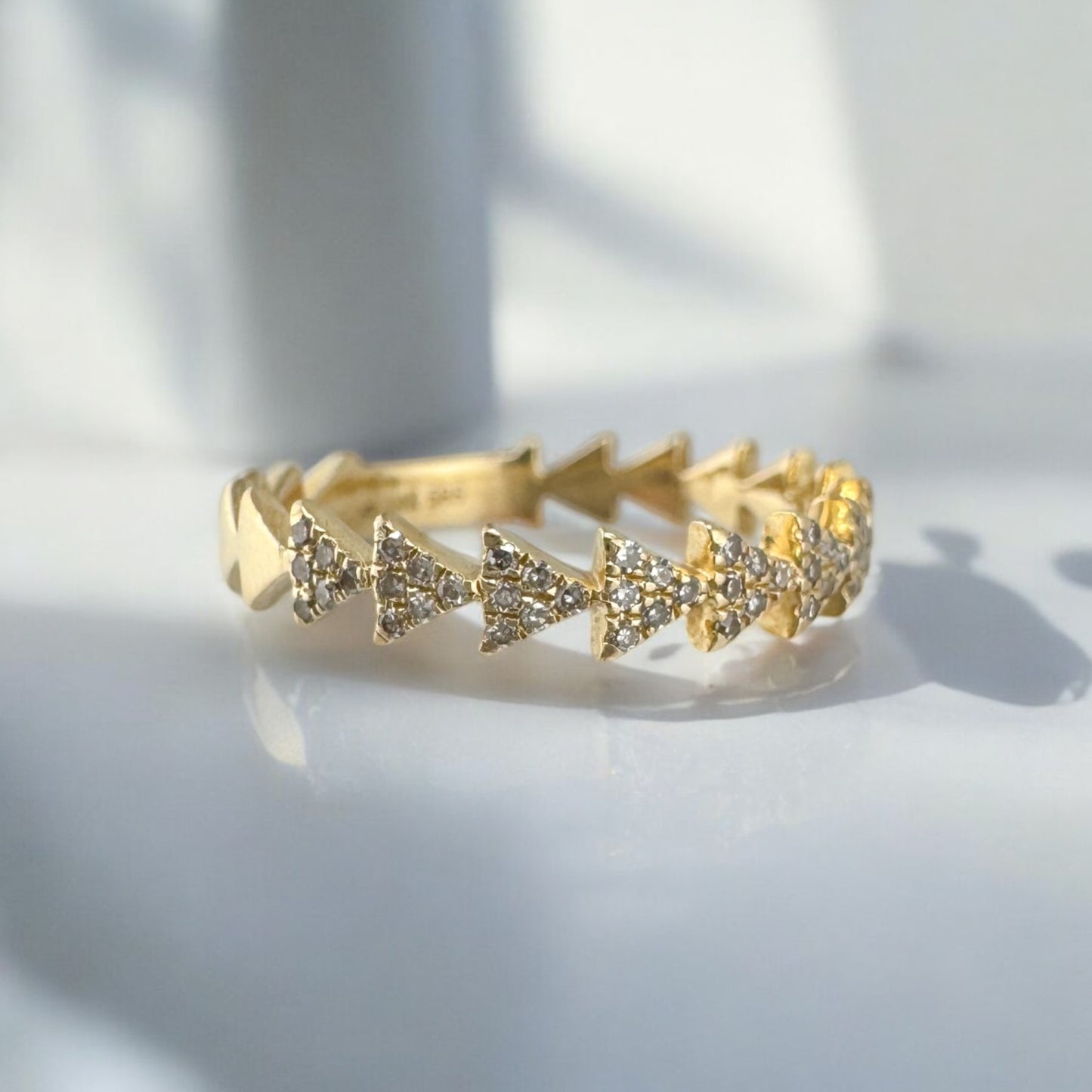 Minimalist Petite Vintage Estate 14 Karat Yellow Gold Triangle Design Pave Set Diamond Stackable Band 0.15CTW