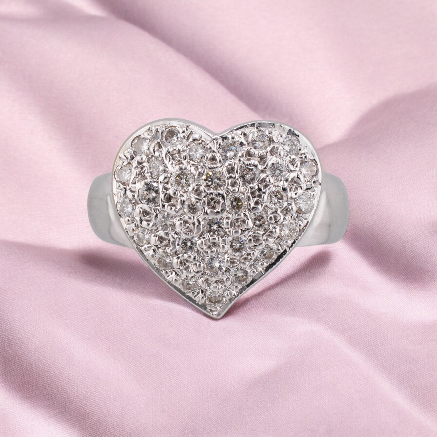 Sparkly Vintage 14 Karat White Gold Pave Set Round Brilliant Cut Diamond Heart Petite Ring 0.31 CTW.