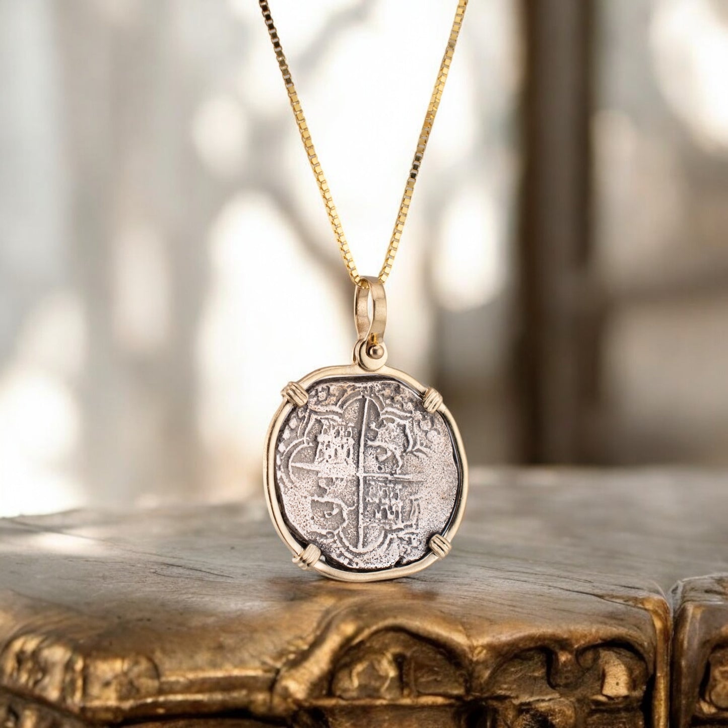 Vintage Antique Spanish Reales Shipwreck Silver Coin in 14 Karat Yellow Gold Bezel and Box Chain