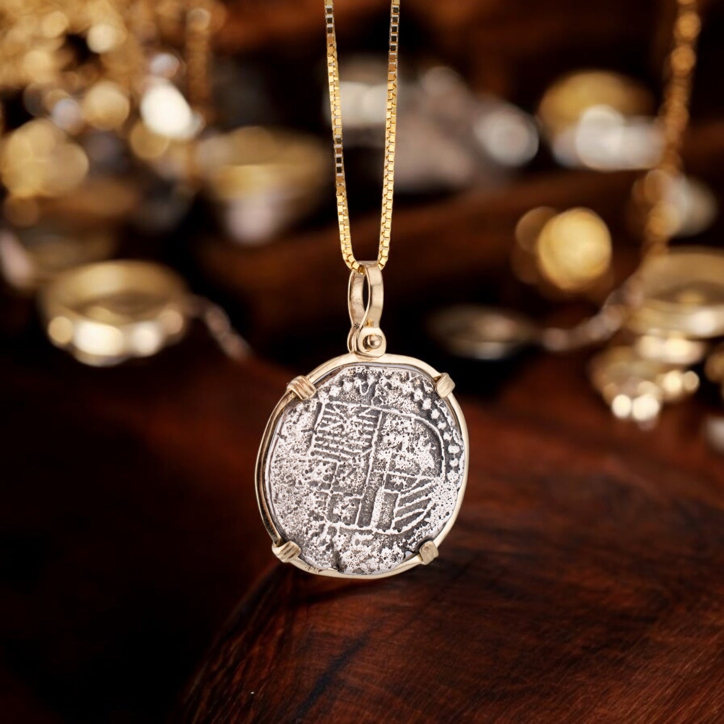 Vintage Antique Spanish Reales Shipwreck Silver Coin in 14 Karat Yellow Gold Bezel and Box Chain