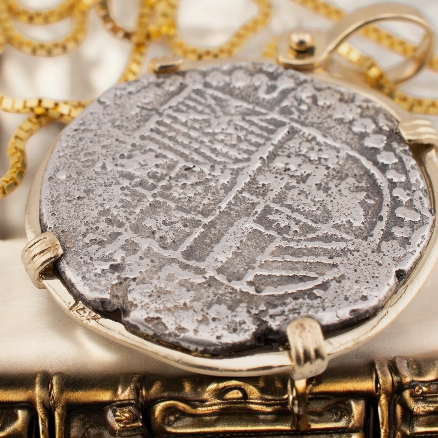 Vintage Antique Spanish Reales Shipwreck Silver Coin in 14 Karat Yellow Gold Bezel and Box Chain