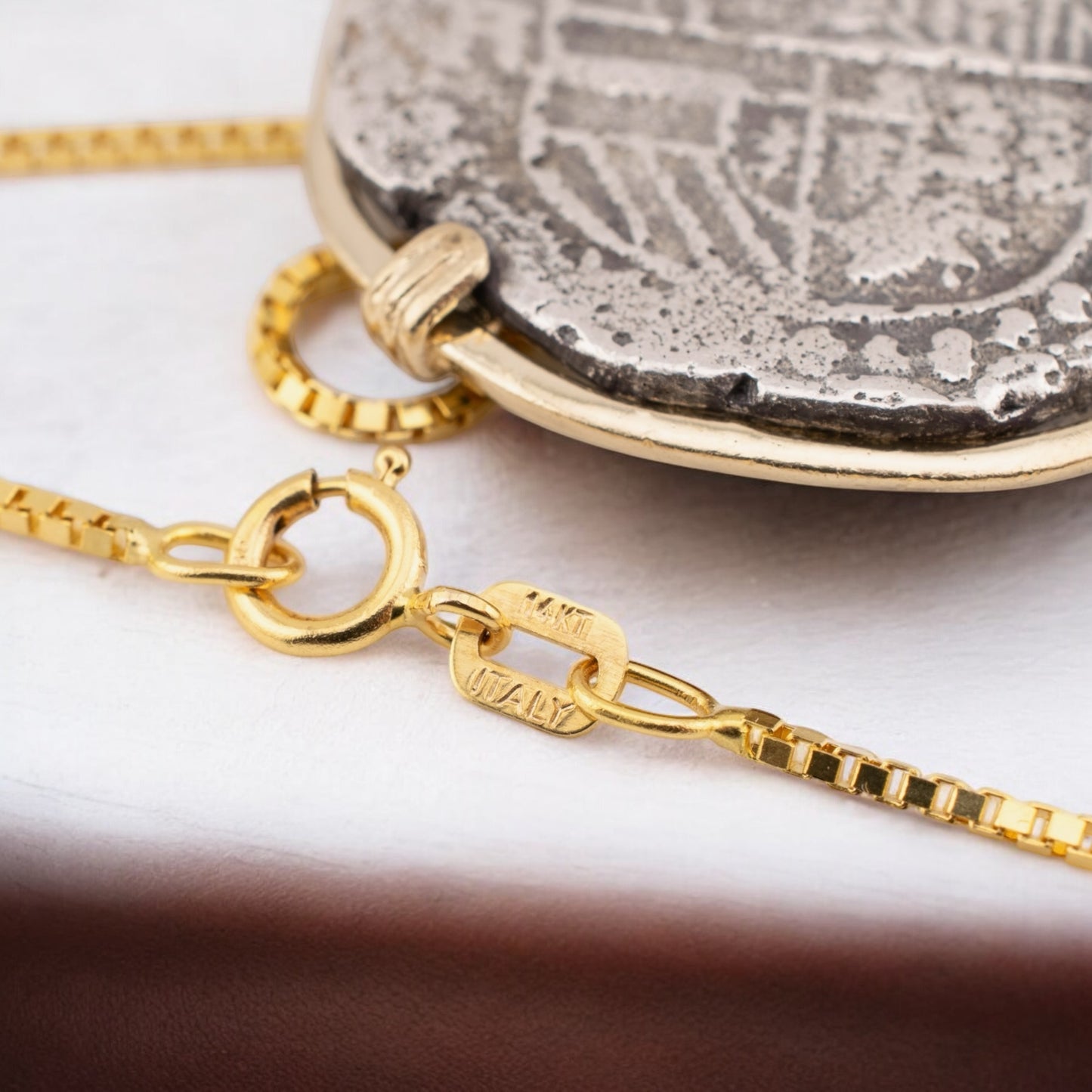 Vintage Antique Spanish Reales Shipwreck Silver Coin in 14 Karat Yellow Gold Bezel and Box Chain