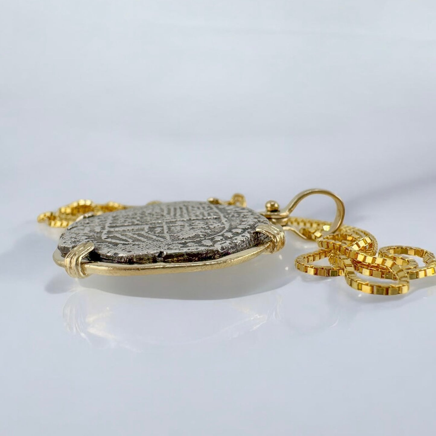 Vintage Antique Spanish Reales Shipwreck Silver Coin in 14 Karat Yellow Gold Bezel and Box Chain