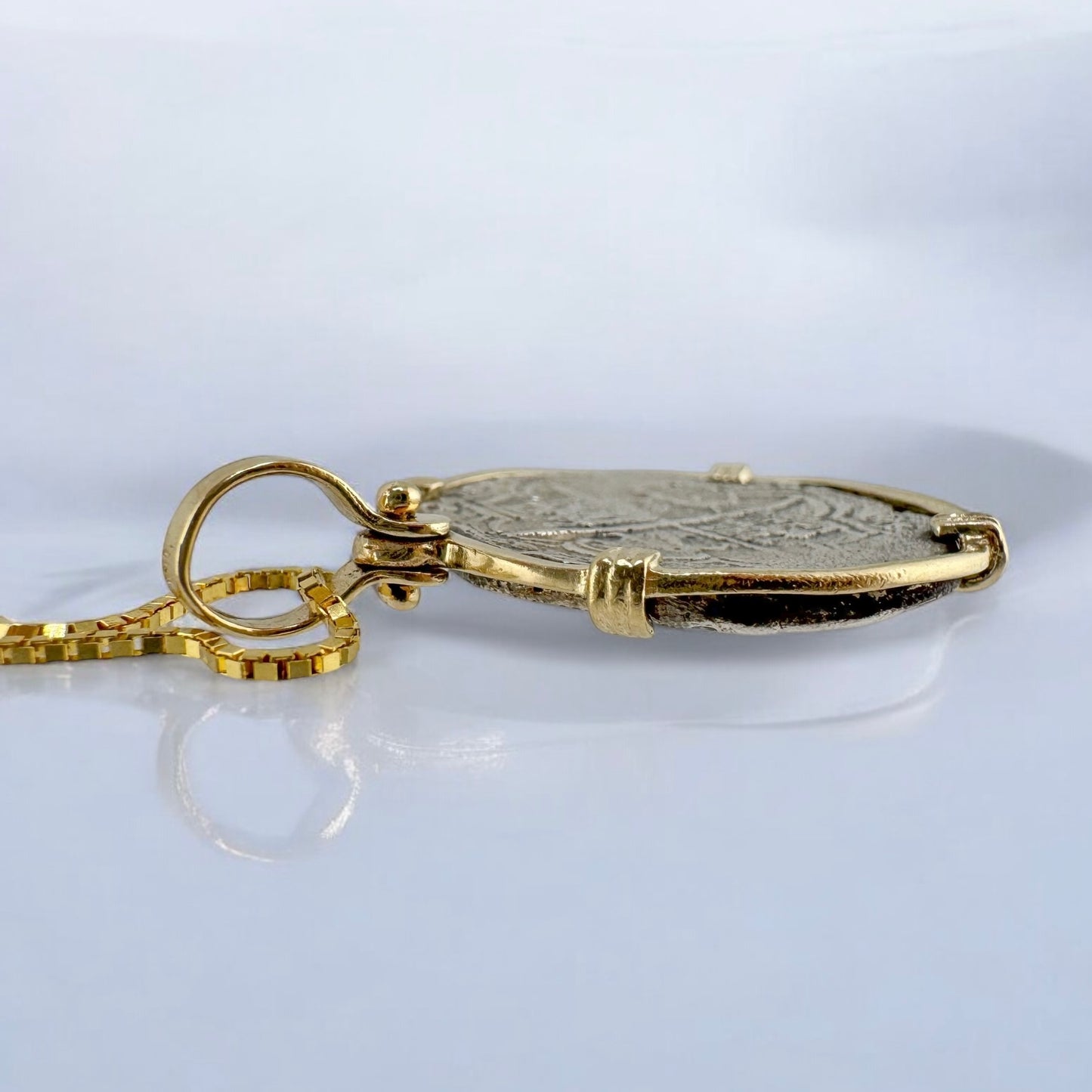 Vintage Antique Spanish Reales Shipwreck Silver Coin in 14 Karat Yellow Gold Bezel and Box Chain