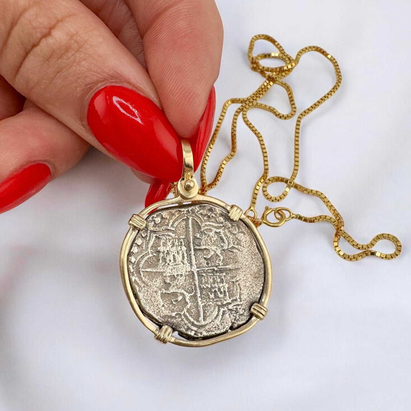 Vintage Antique Spanish Reales Shipwreck Silver Coin in 14 Karat Yellow Gold Bezel and Box Chain