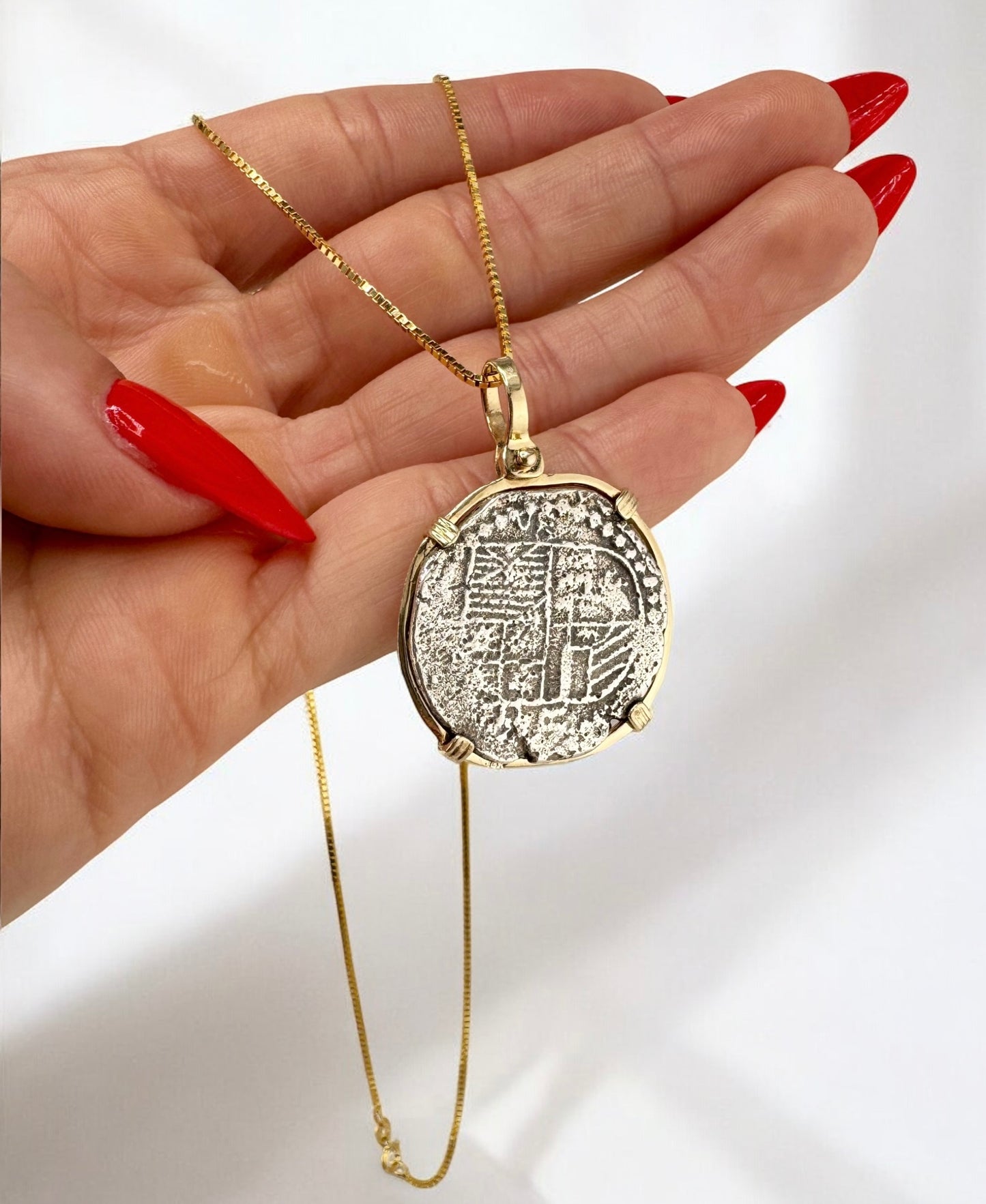 Vintage Antique Spanish Reales Shipwreck Silver Coin in 14 Karat Yellow Gold Bezel and Box Chain