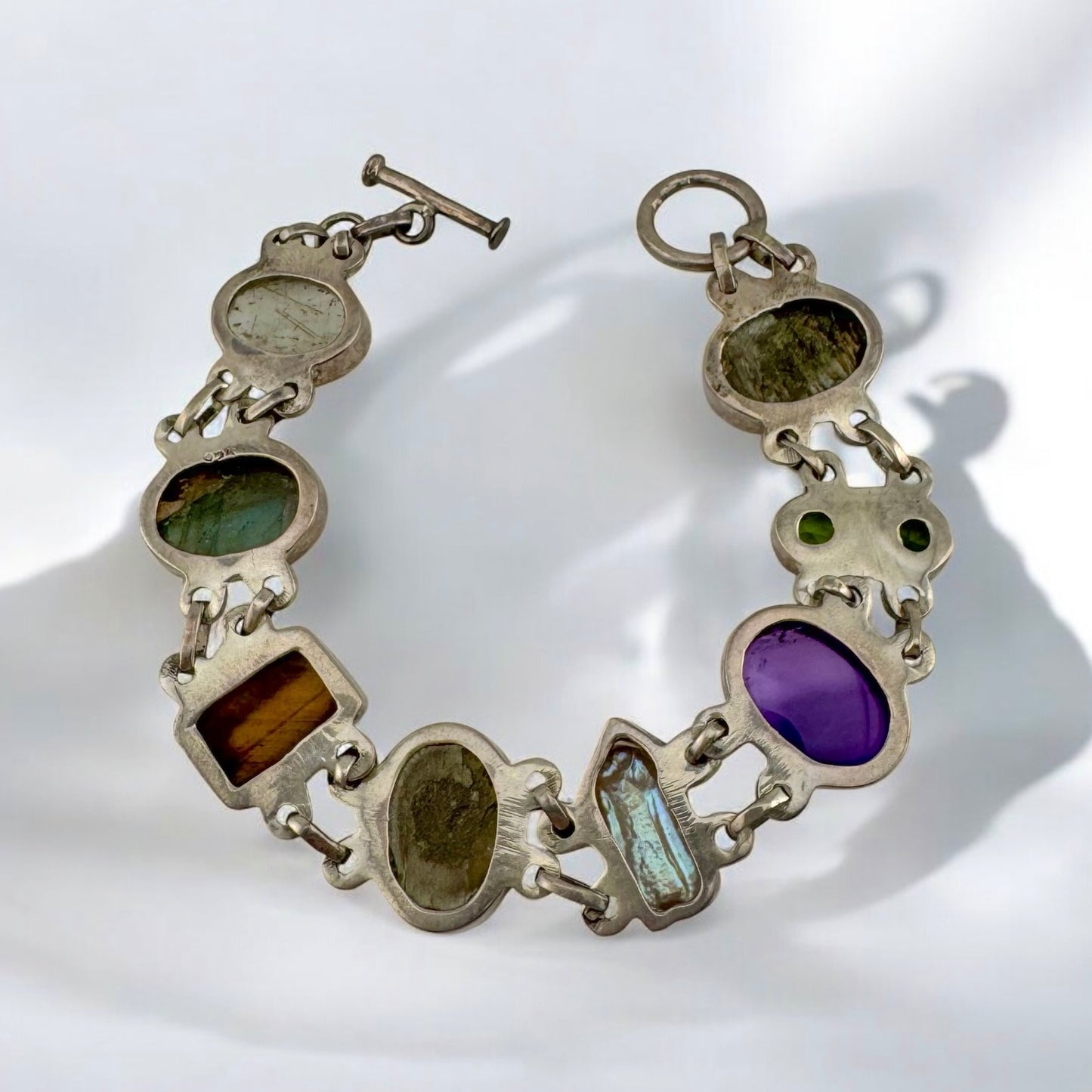 Vintage 925 Sterling Silver Rustic Style Handmade Multi Gemstone Toggle Bracelet