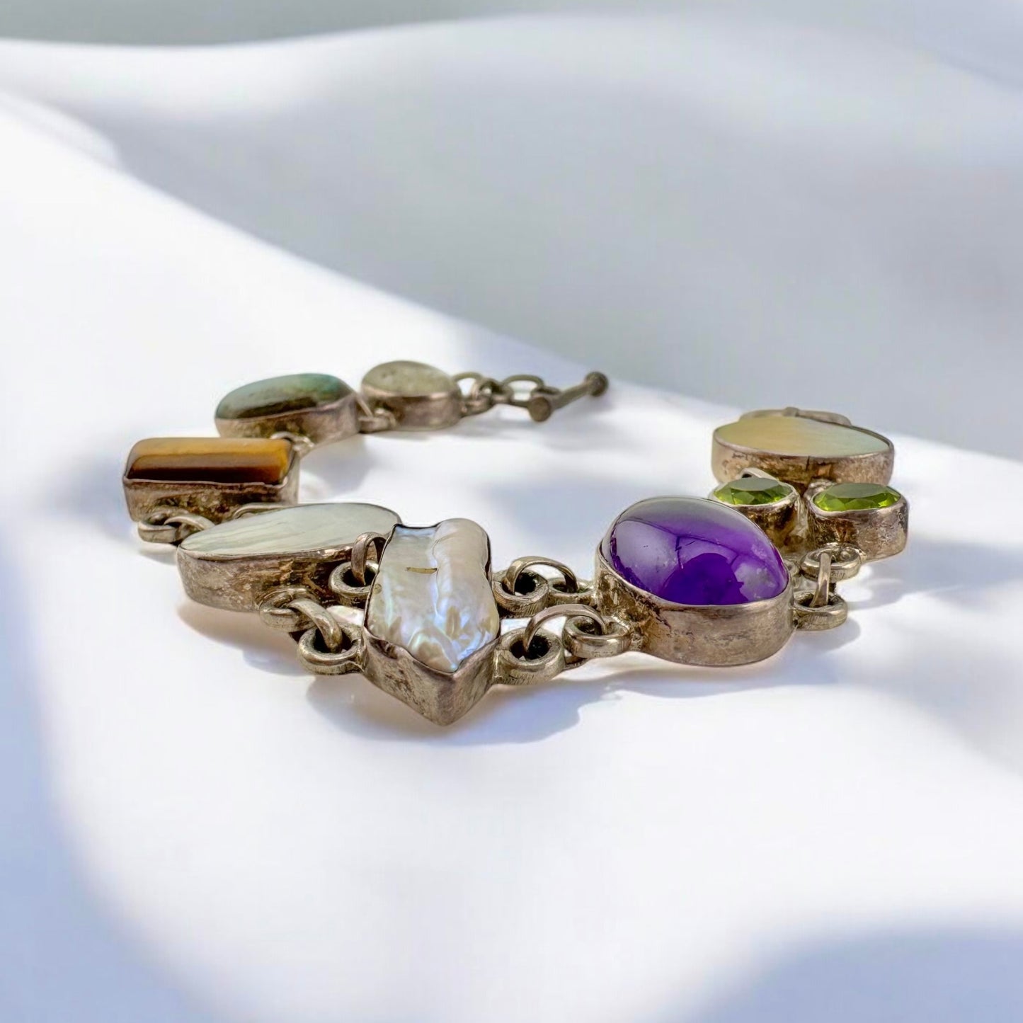 Vintage 925 Sterling Silver Rustic Style Handmade Multi Gemstone Toggle Bracelet