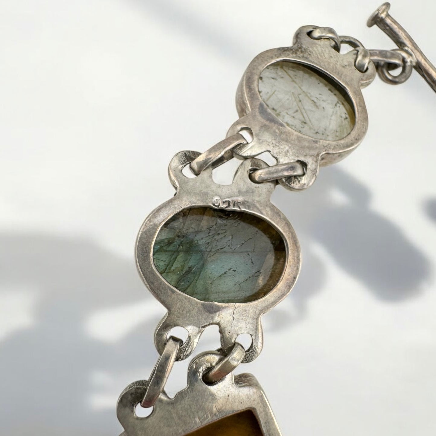 Vintage 925 Sterling Silver Rustic Style Handmade Multi Gemstone Toggle Bracelet