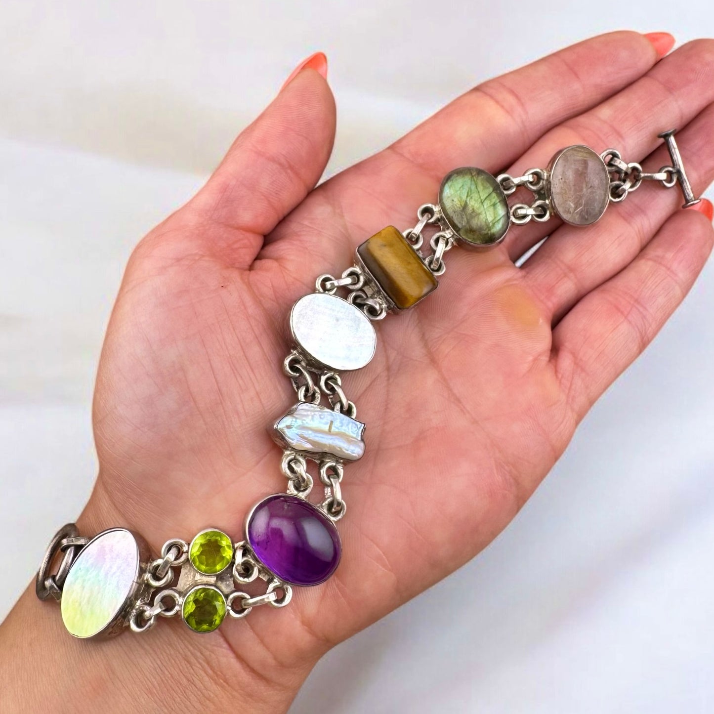Vintage 925 Sterling Silver Rustic Style Handmade Multi Gemstone Toggle Bracelet