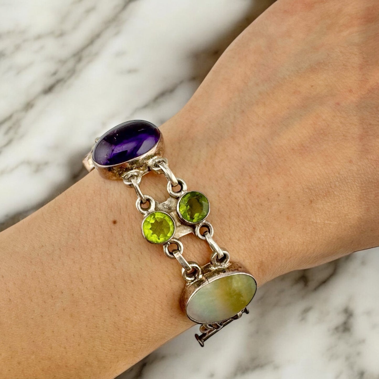 Vintage 925 Sterling Silver Rustic Style Handmade Multi Gemstone Toggle Bracelet