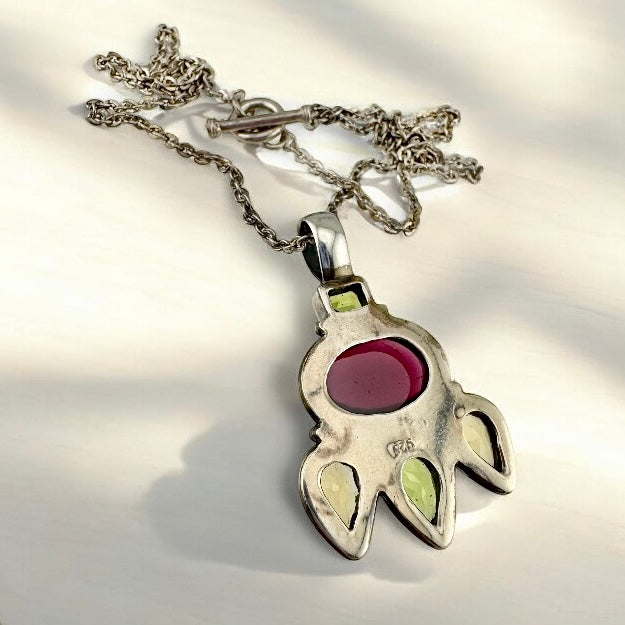 Vintage 925 Sterling Silver Bezel Set Rhodolite Garnet, Citrine, and Peridot Statement Pendant Necklace