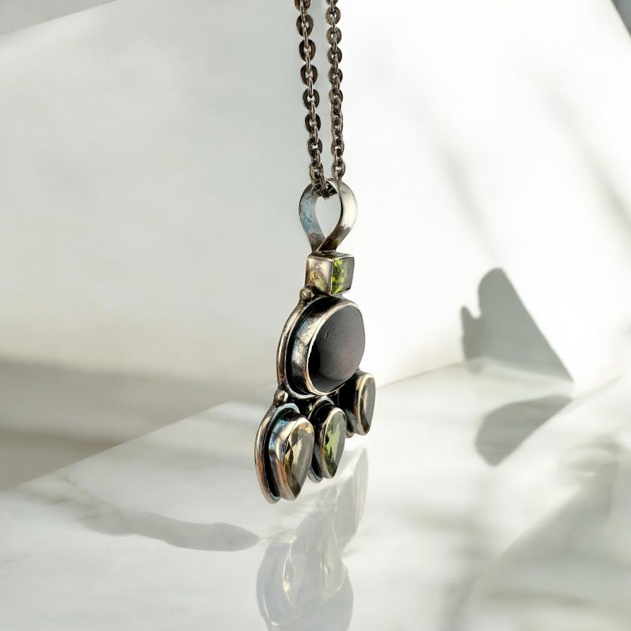 Vintage 925 Sterling Silver Bezel Set Rhodolite Garnet, Citrine, and Peridot Statement Pendant Necklace