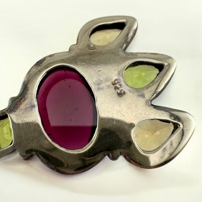 Vintage 925 Sterling Silver Bezel Set Rhodolite Garnet, Citrine, and Peridot Statement Pendant Necklace